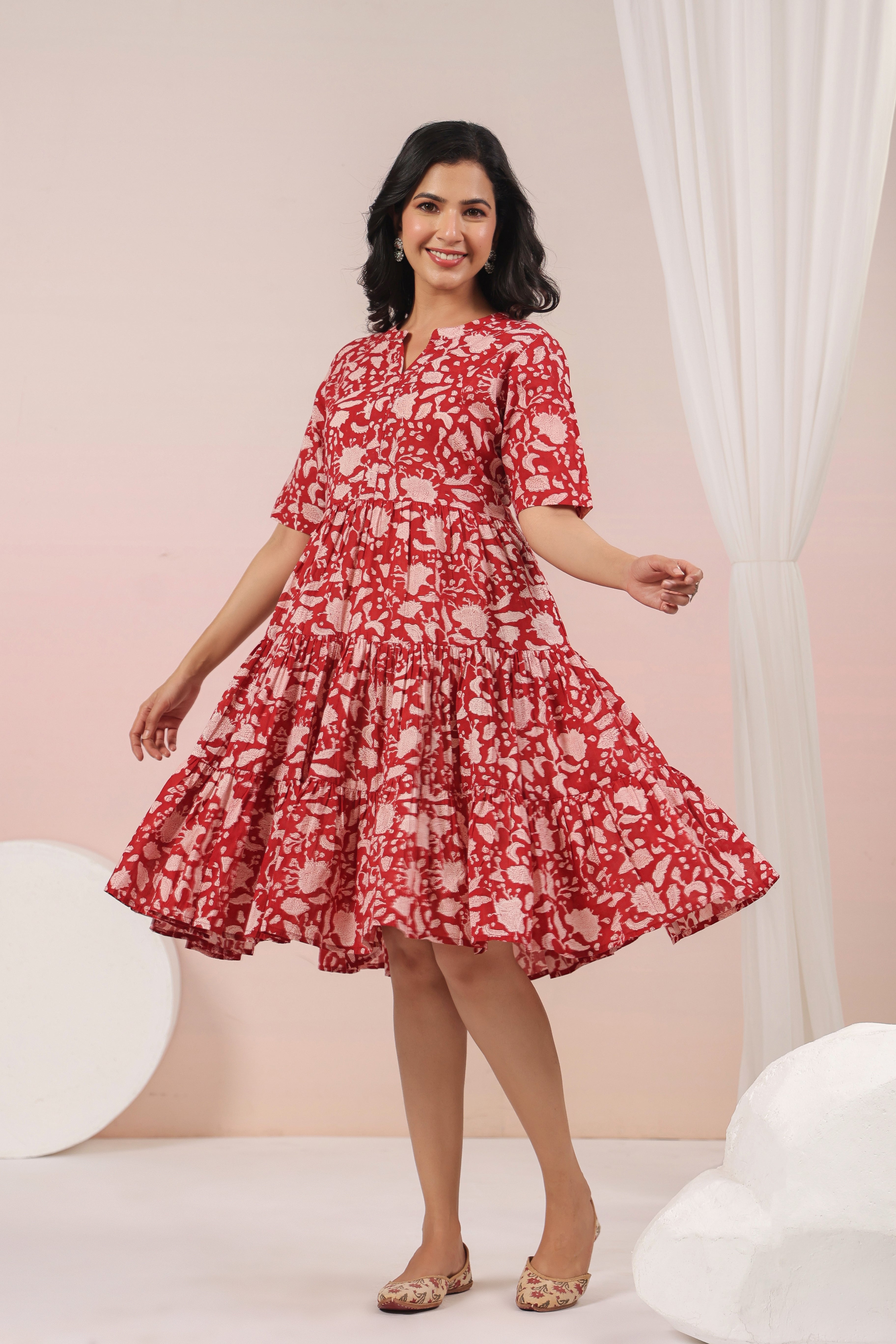 Shuddhi Red and Beige Tier Dress