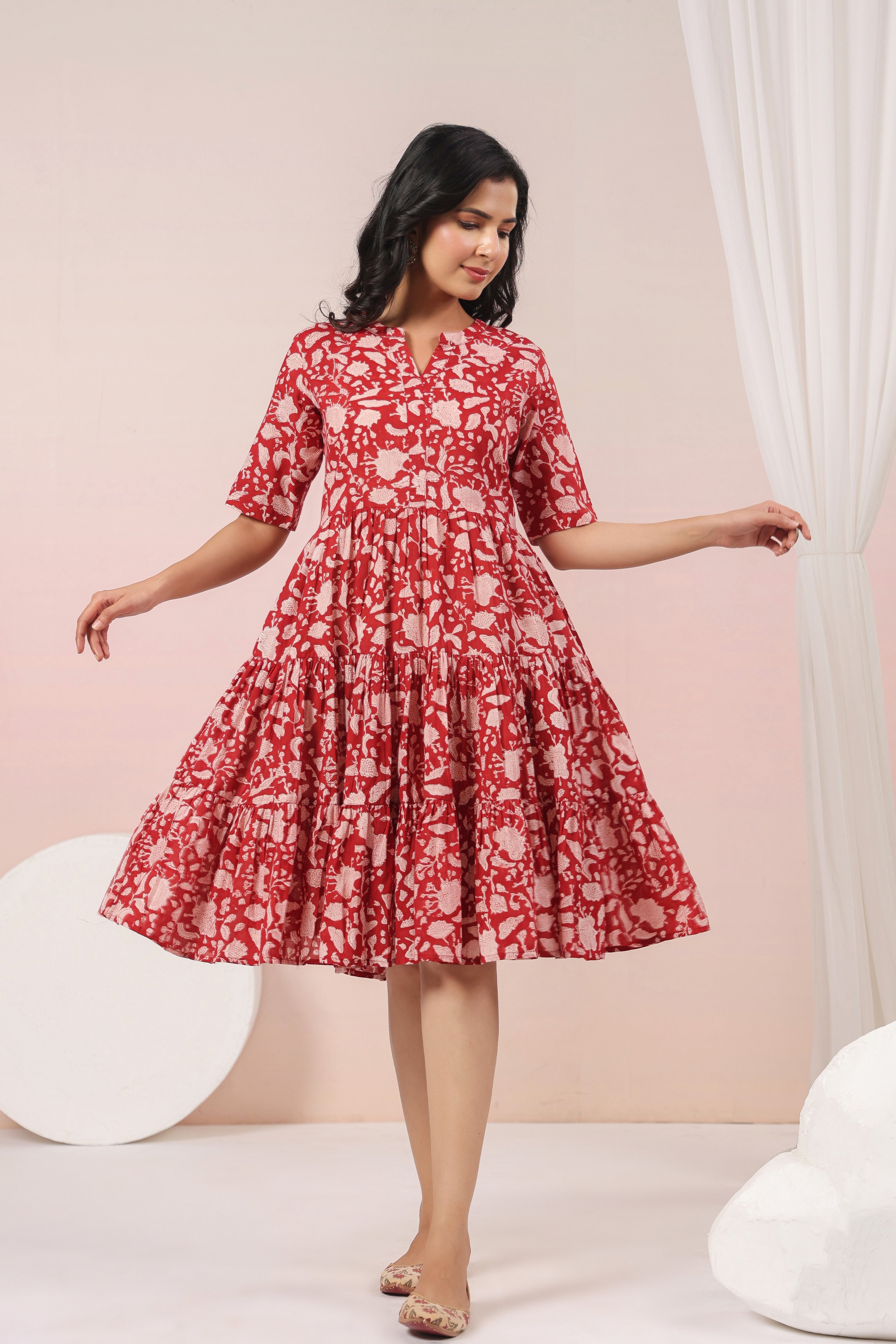 Shuddhi Red and Beige Tier Dress