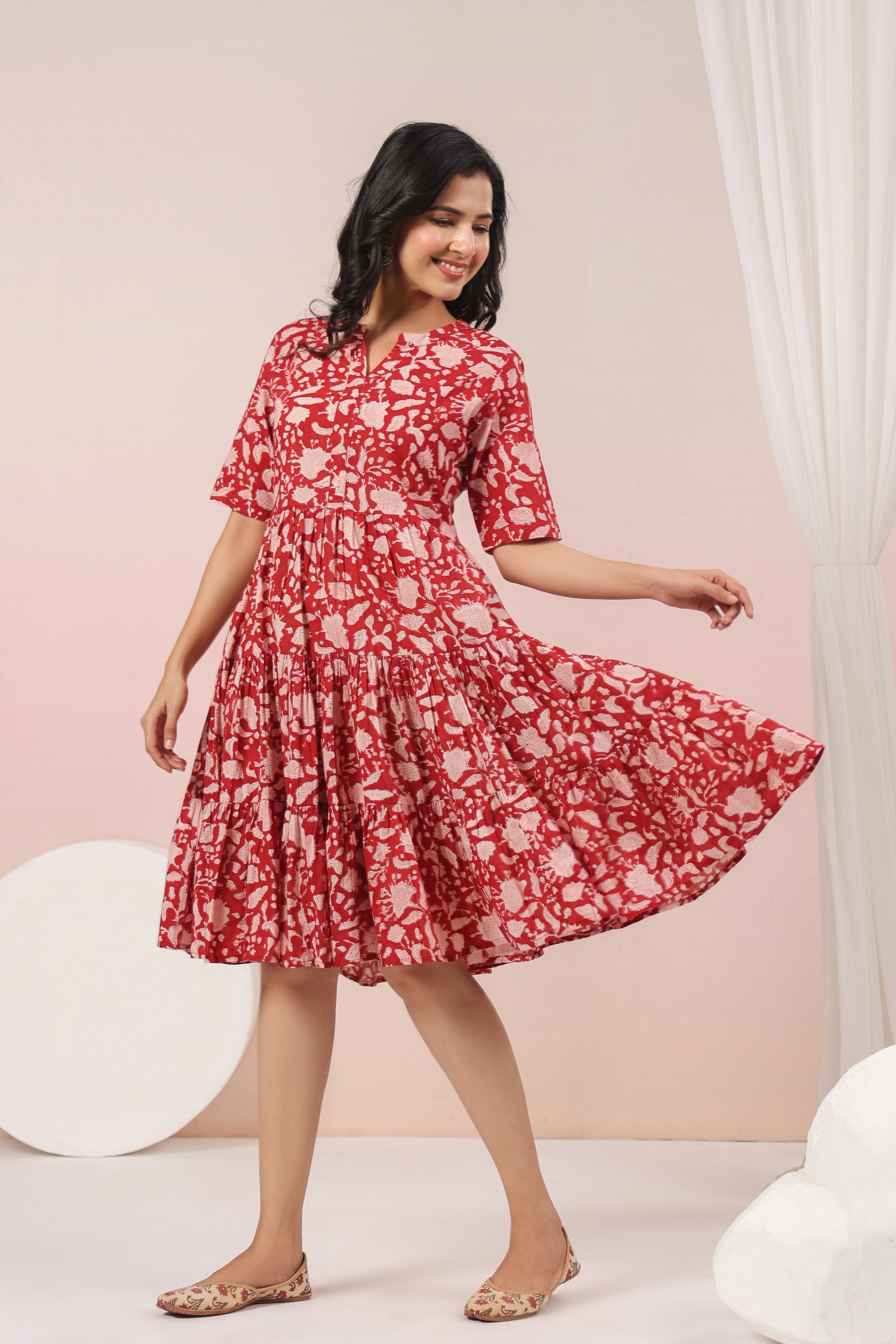 Shuddhi Red and Beige Tier Dress
