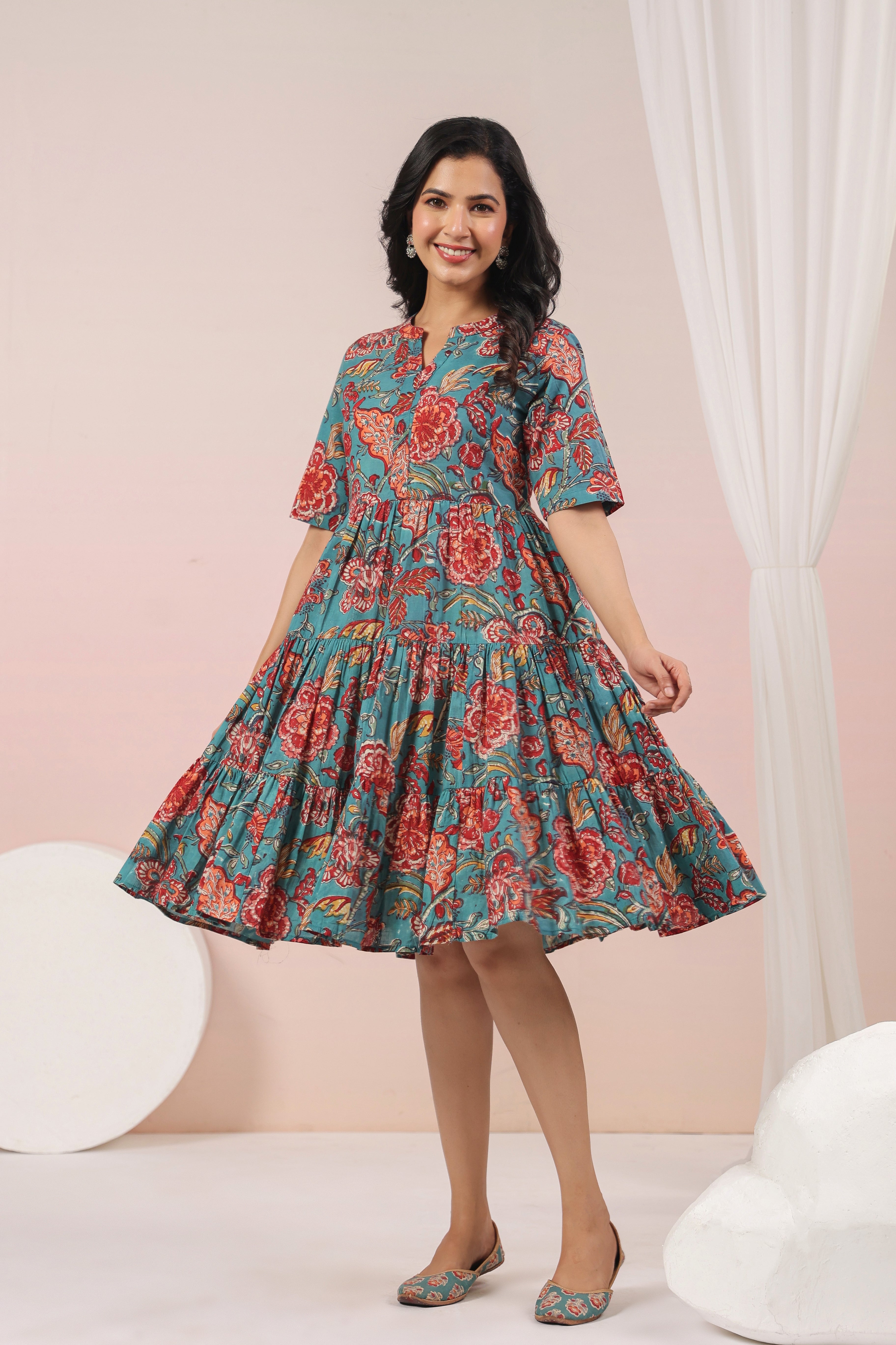 Shuddhi  Green and Red Tier Dress