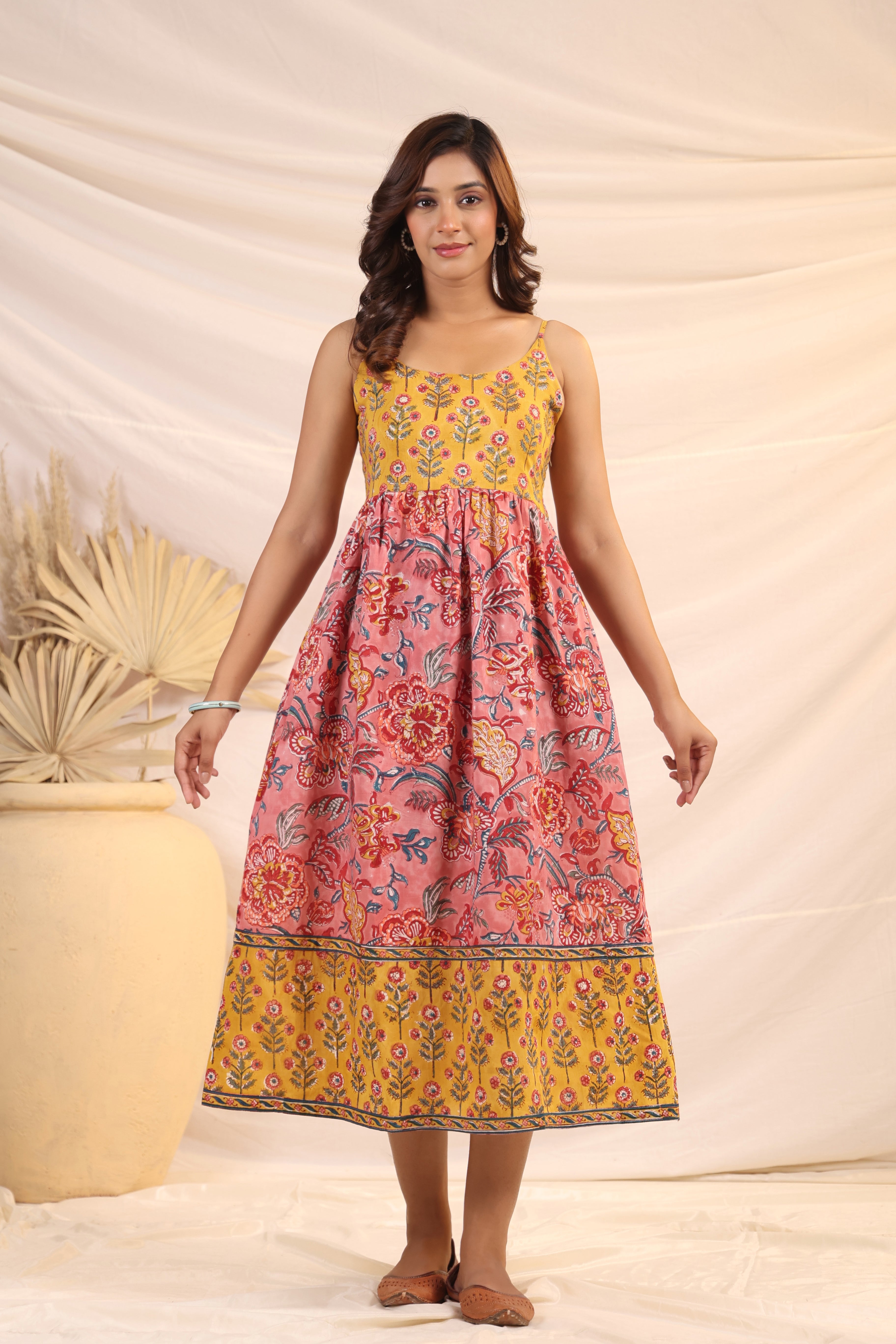Shuddhi yellow and pink Sphageti dress