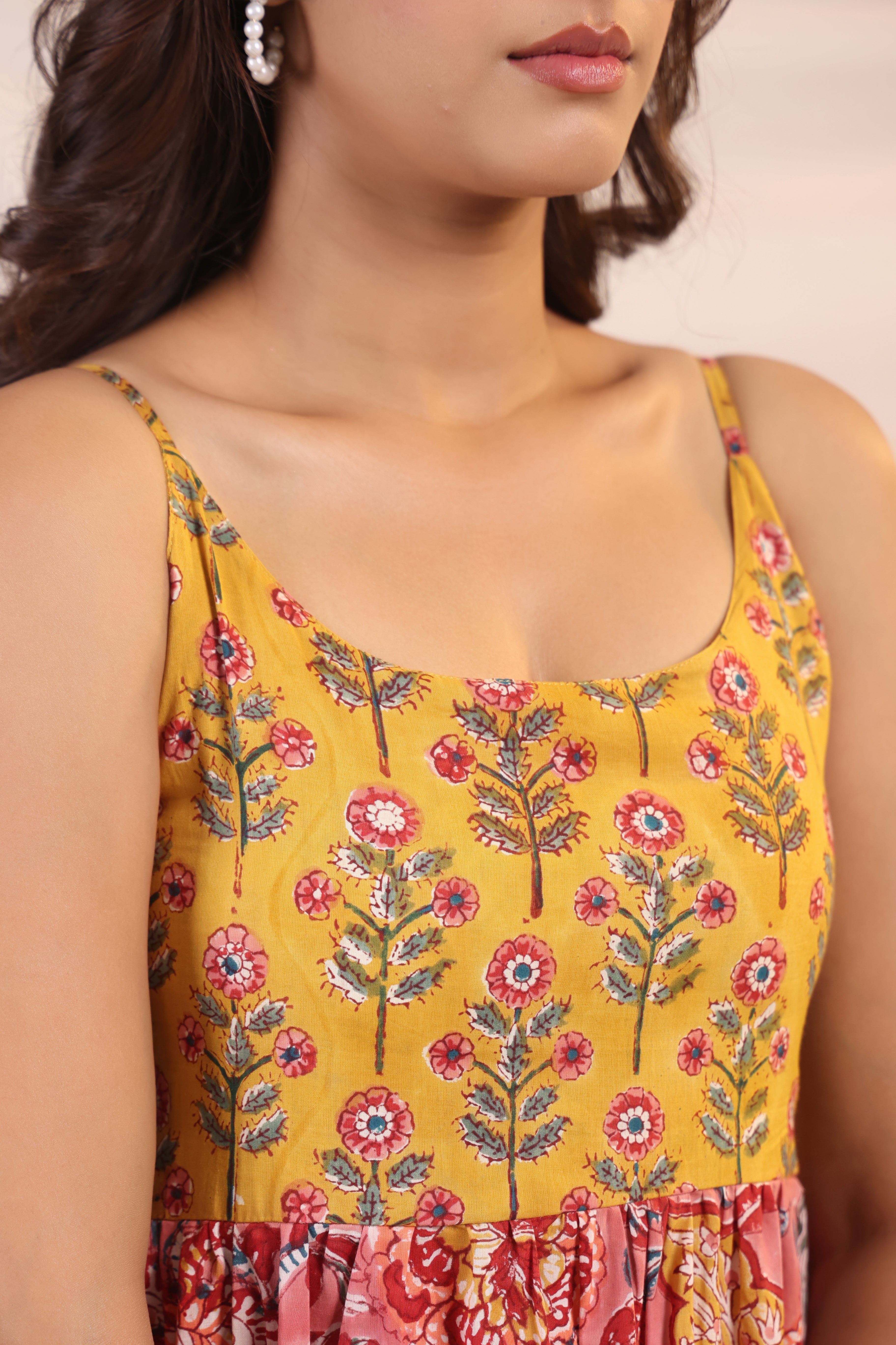 Shuddhi yellow and pink Sphageti dress