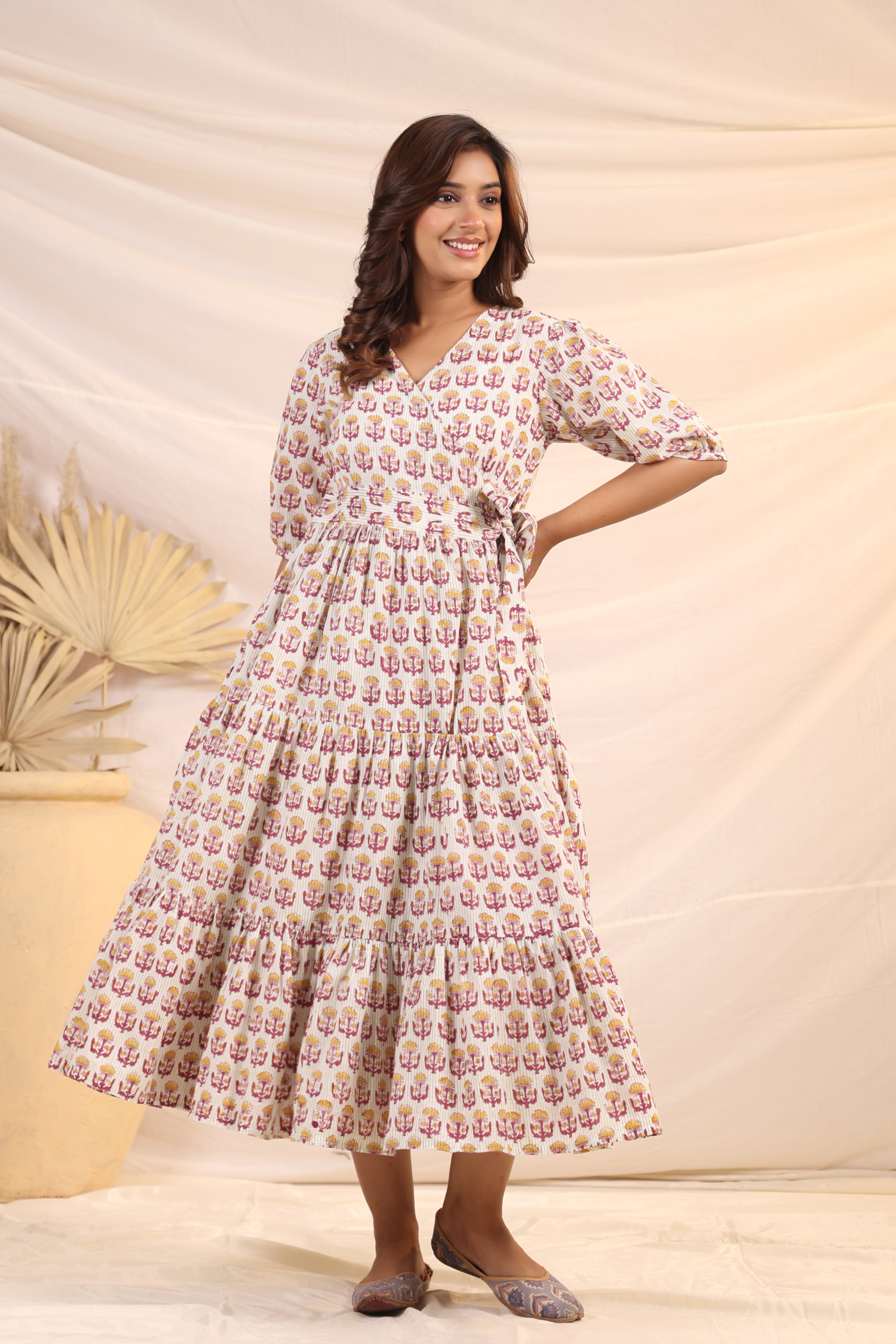 Shuddhi  Yellow and Pink Tier Wrap Dress