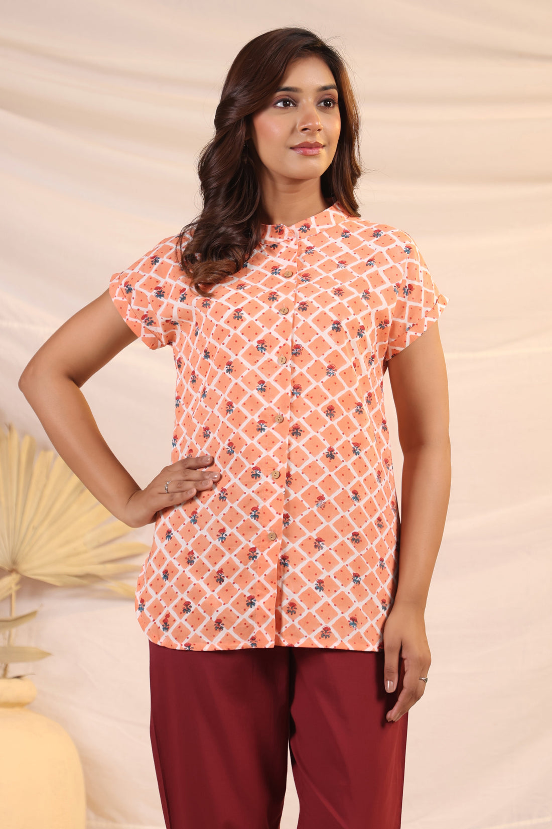 Shuddhi Peach and White Shirt