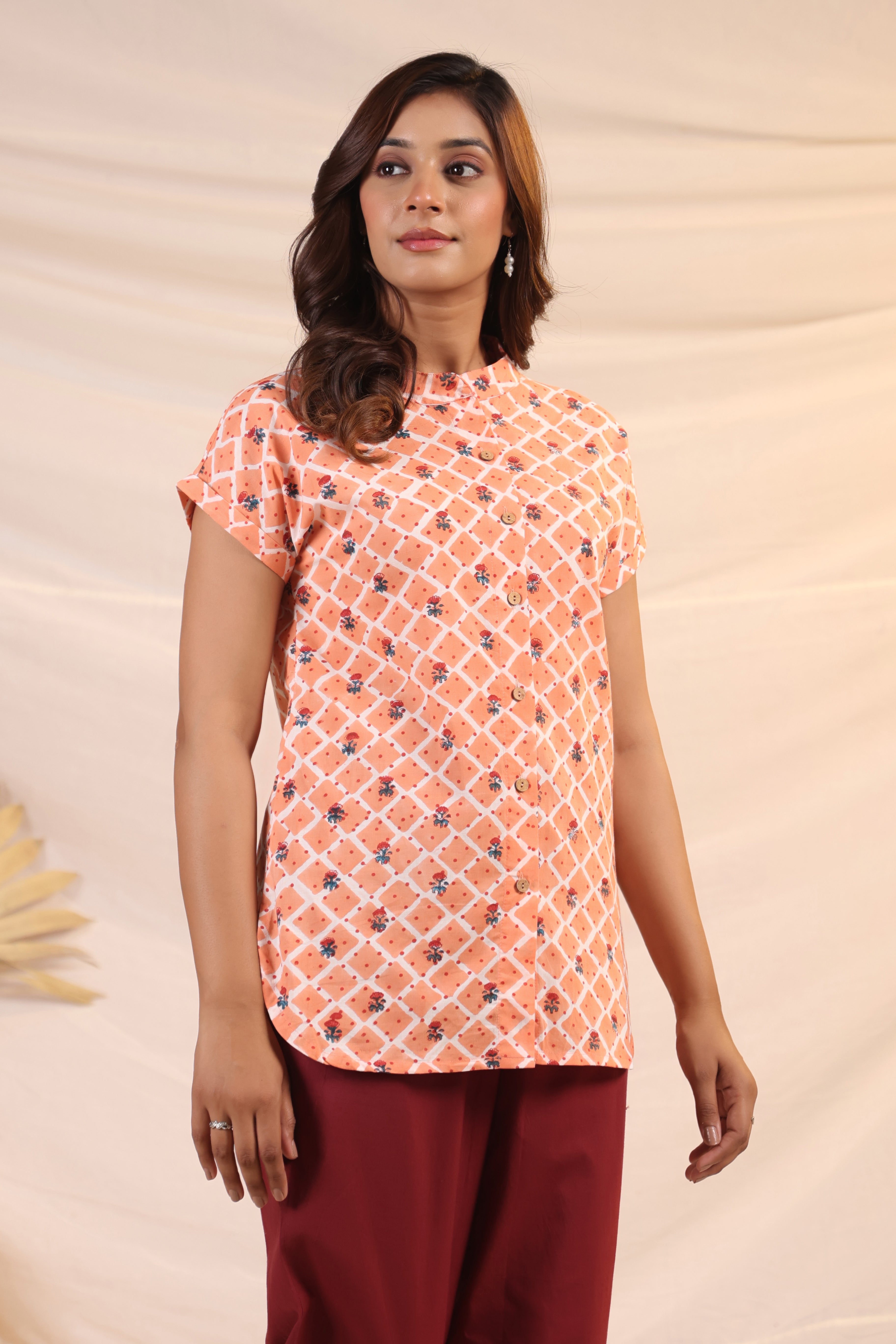 Shuddhi Peach and White Shirt
