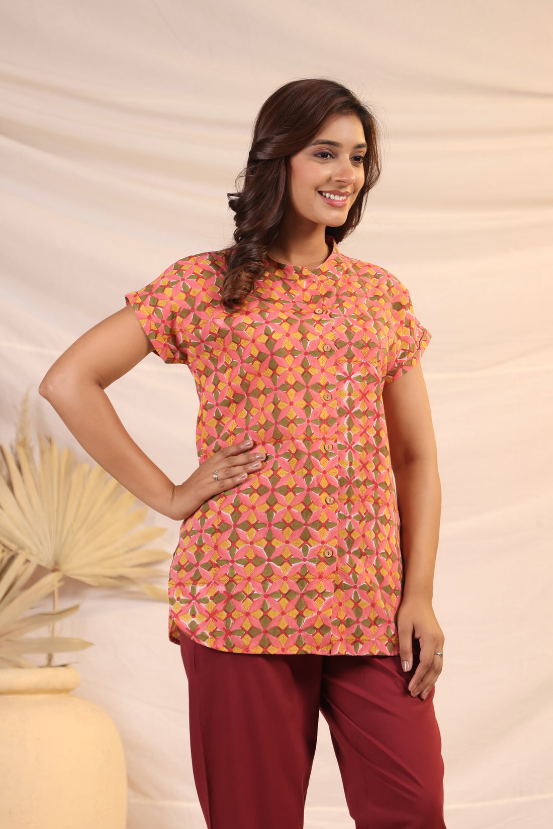 Shuddhi Peach and Yellow Shirt