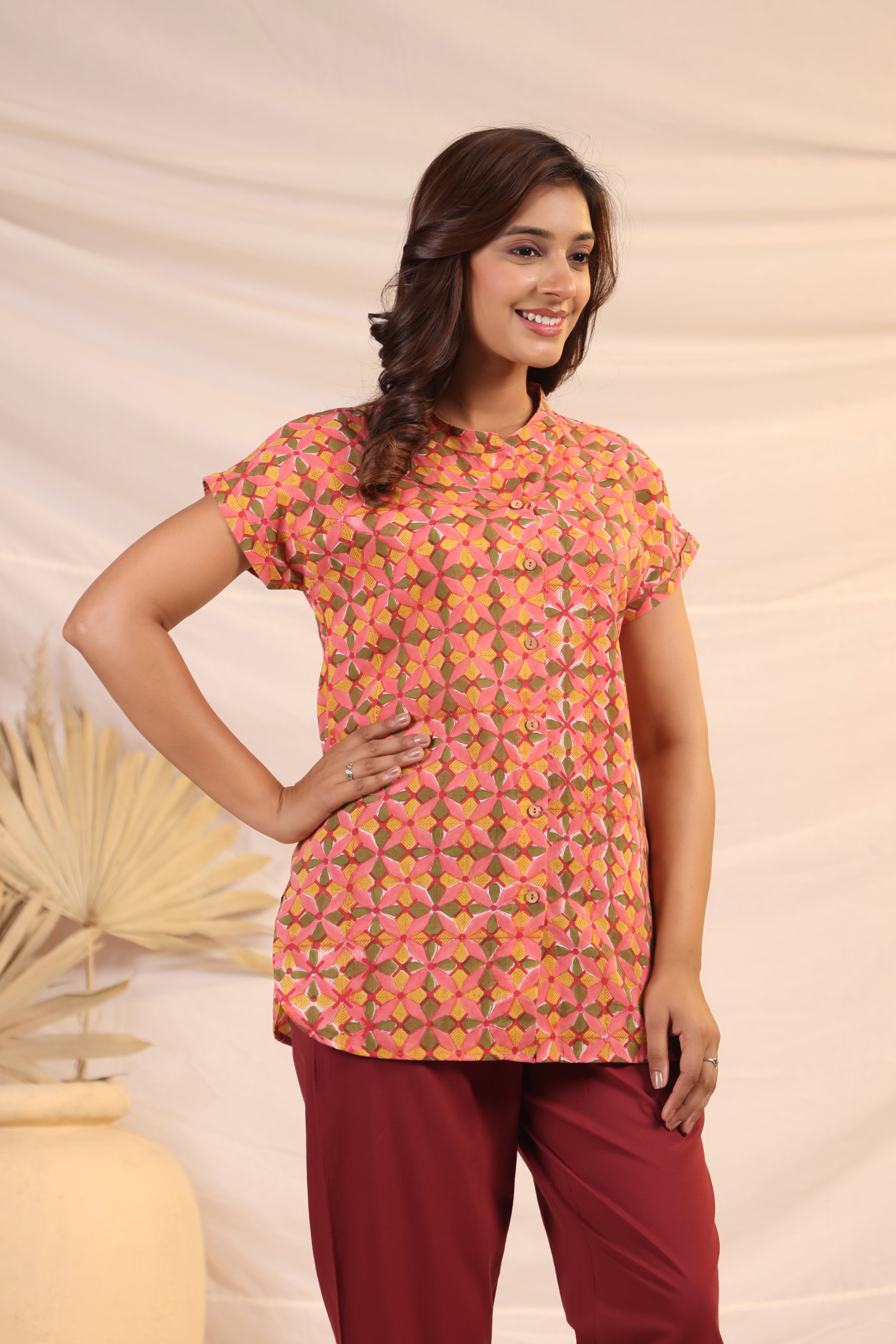 Shuddhi Peach and Yellow Shirt