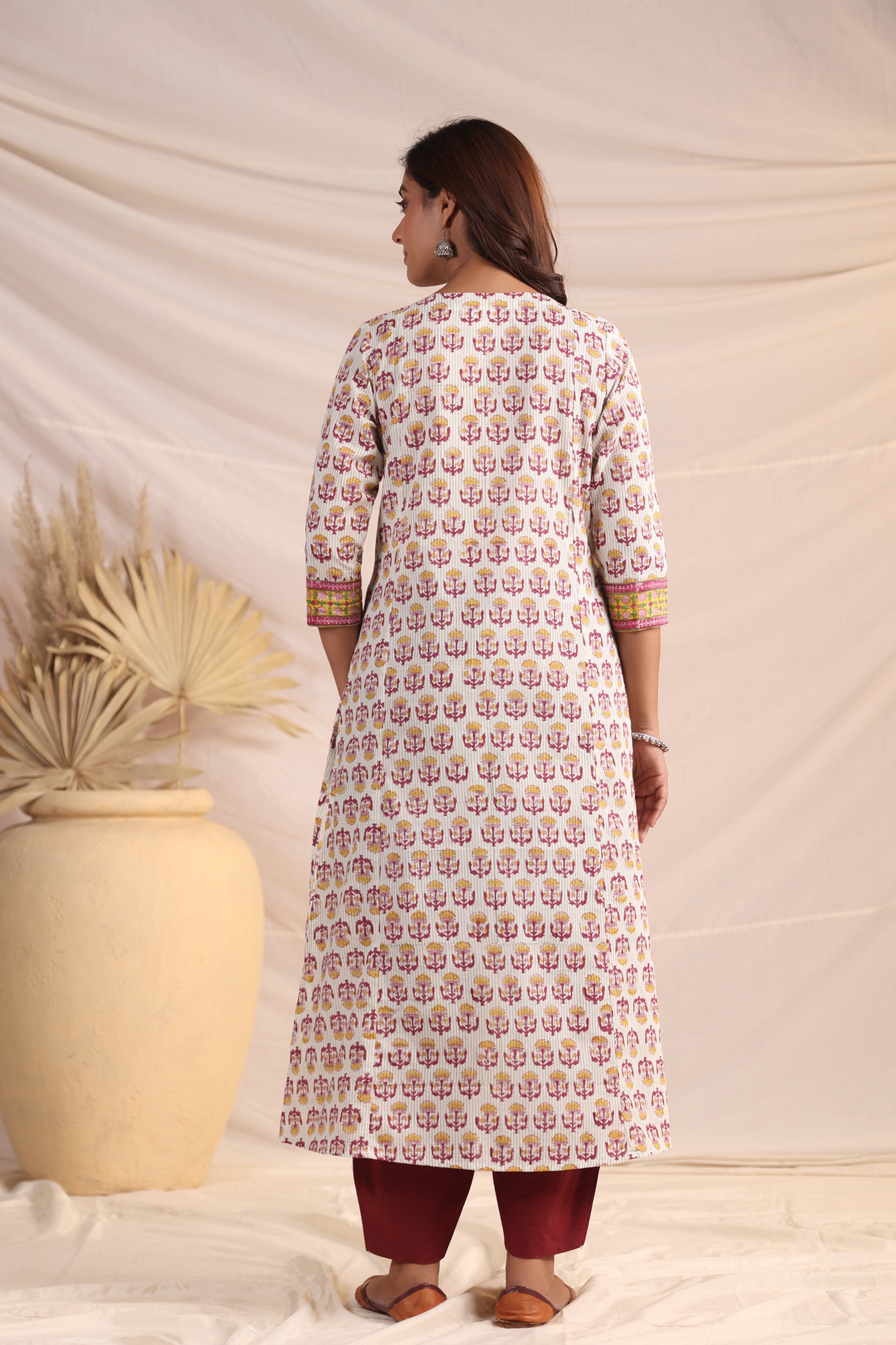 Shuddhi  Yellow and Pink Semi Aline Kurta