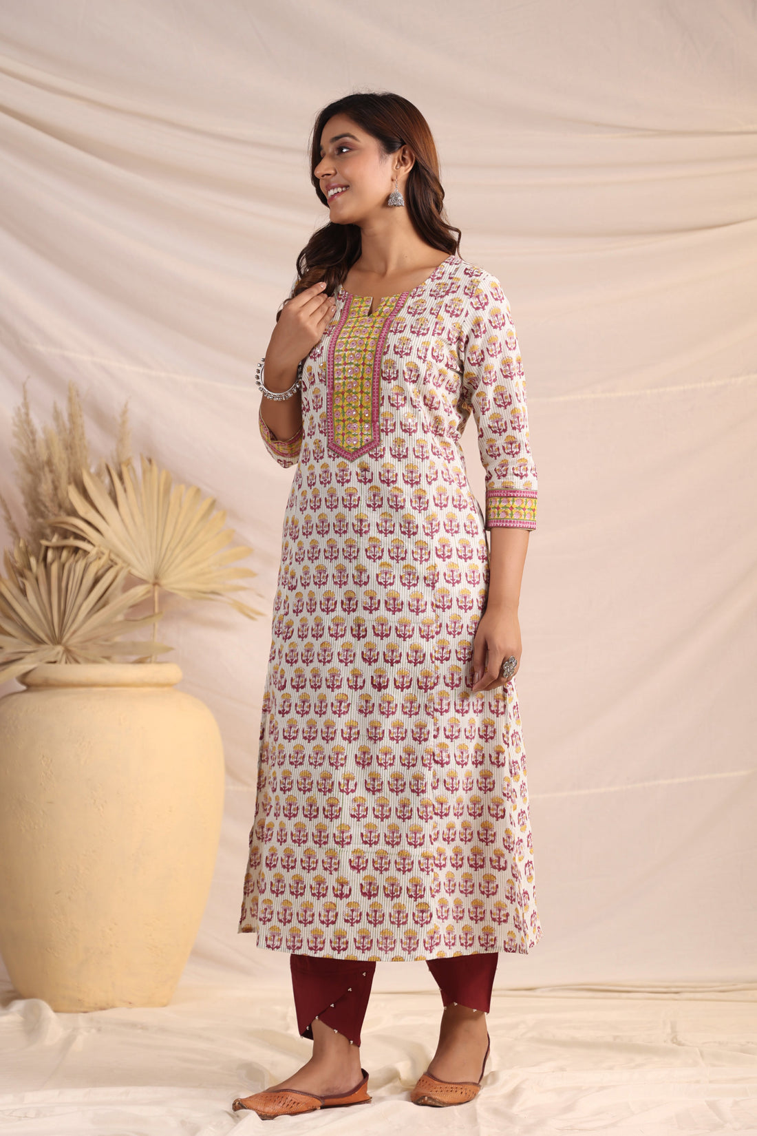 Shuddhi  Yellow and Pink Semi Aline Kurta