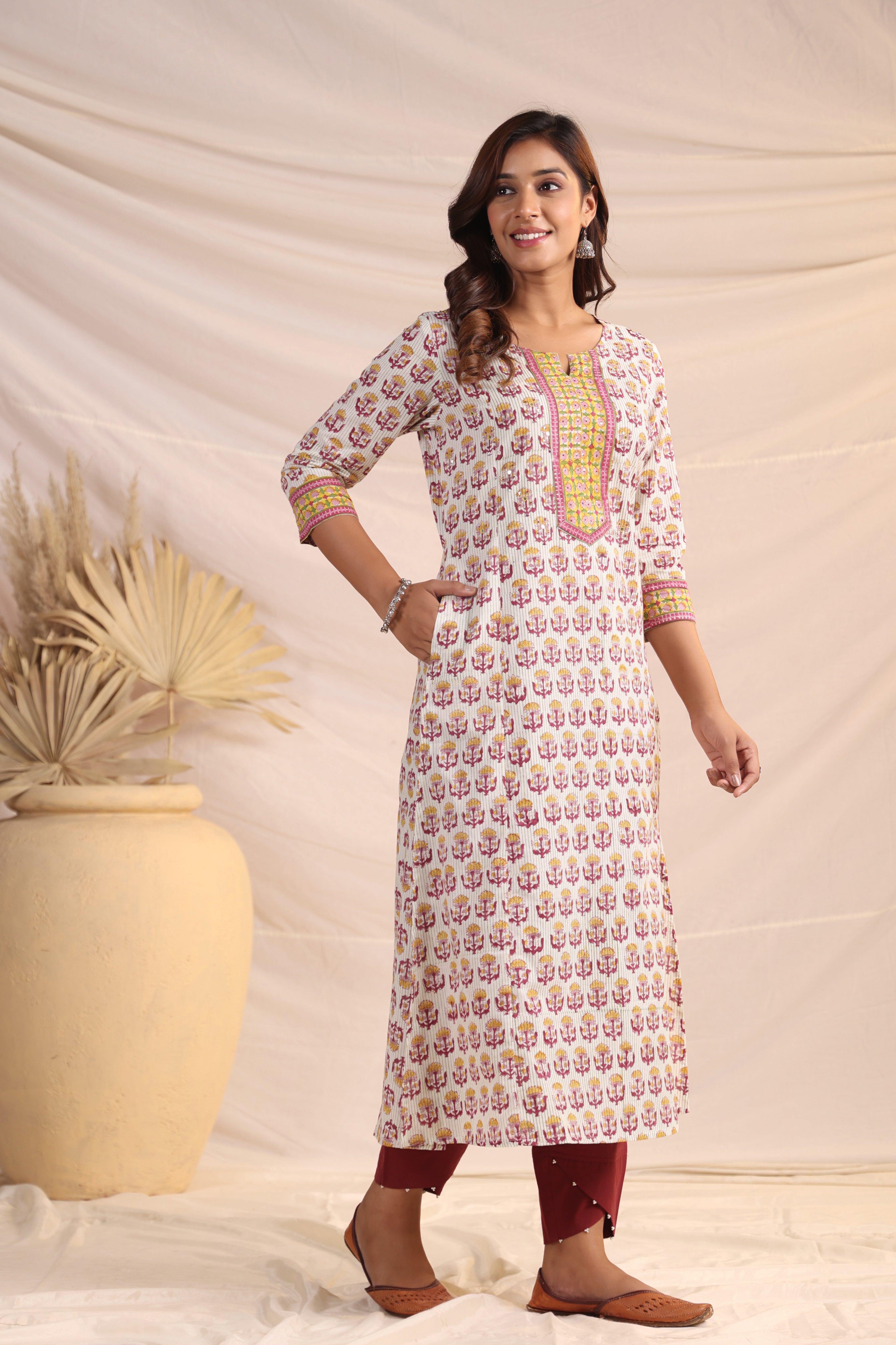 Shuddhi  Yellow and Pink Semi Aline Kurta