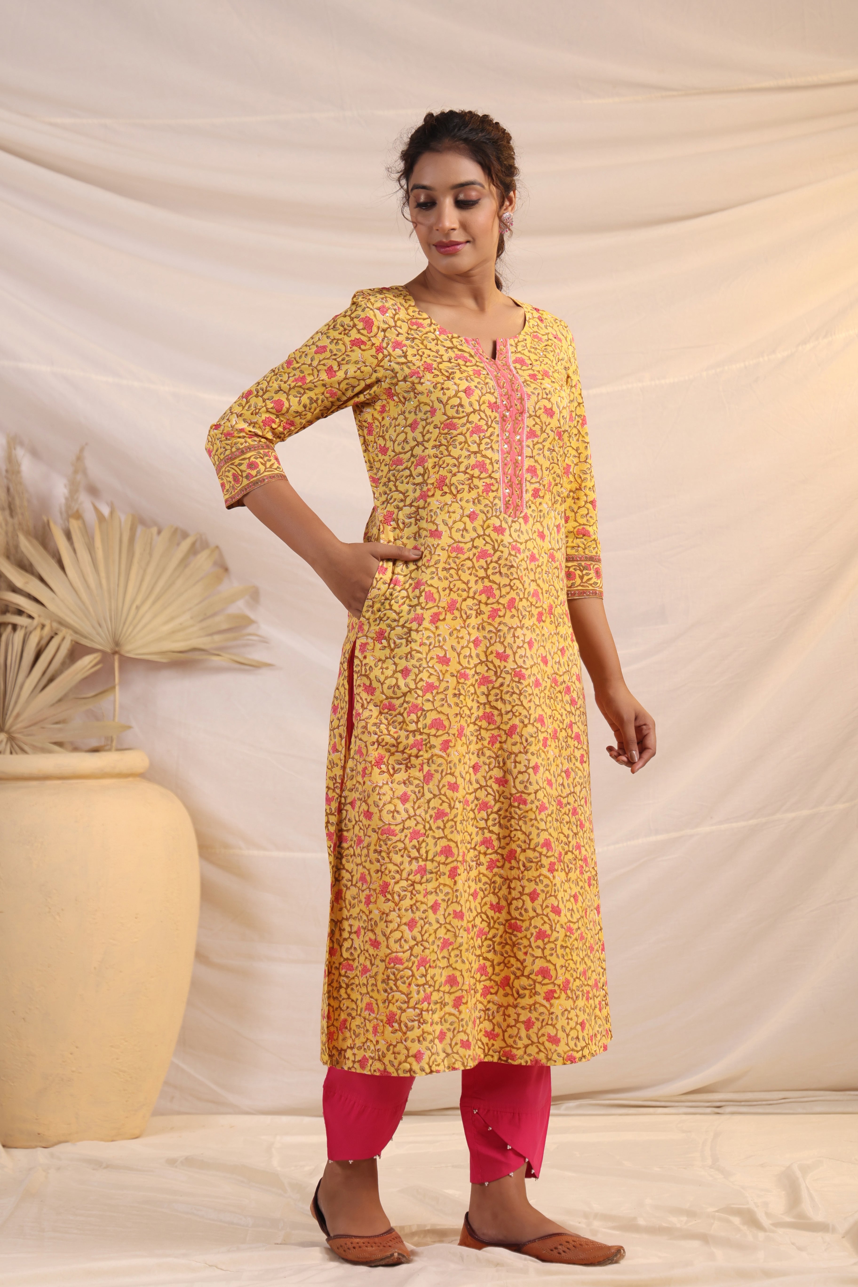 Shuddhi  Yellow and Pink Kurta