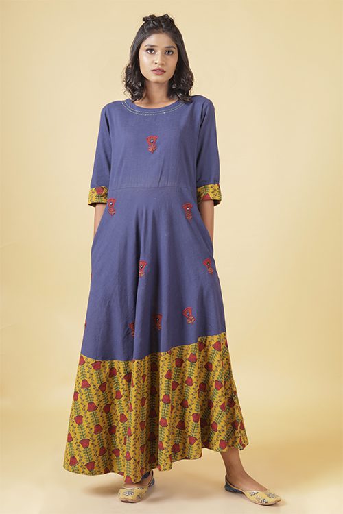 Royal Blue With Rust Yellow Dress