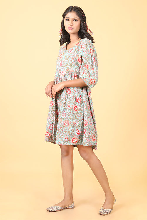 Shuddhi Pistachio with Scarlet Handblock Printed Dress
