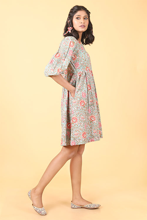 Shuddhi Pistachio with Scarlet Handblock Printed Dress
