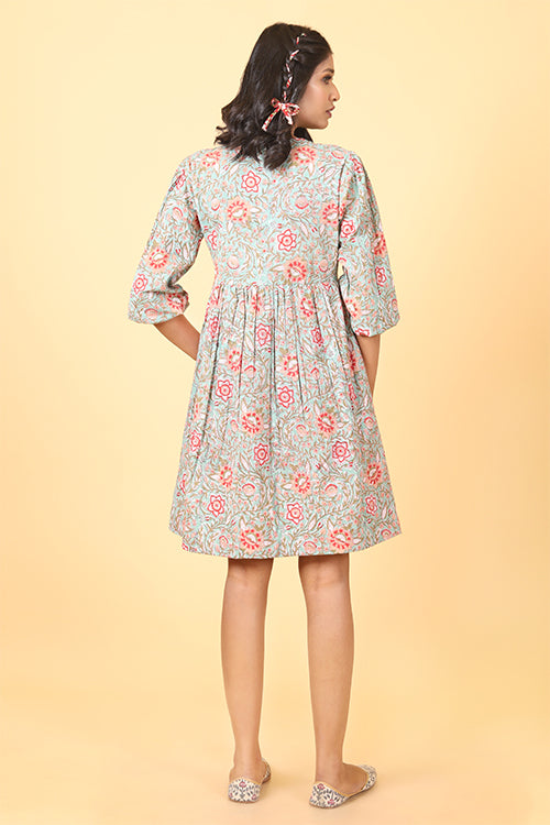Shuddhi Pistachio with Scarlet Handblock Printed Dress