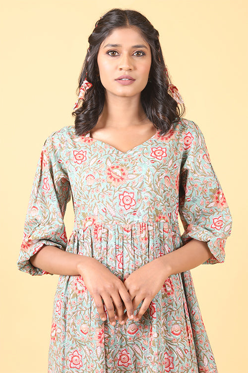 Shuddhi Pistachio with Scarlet Handblock Printed Dress