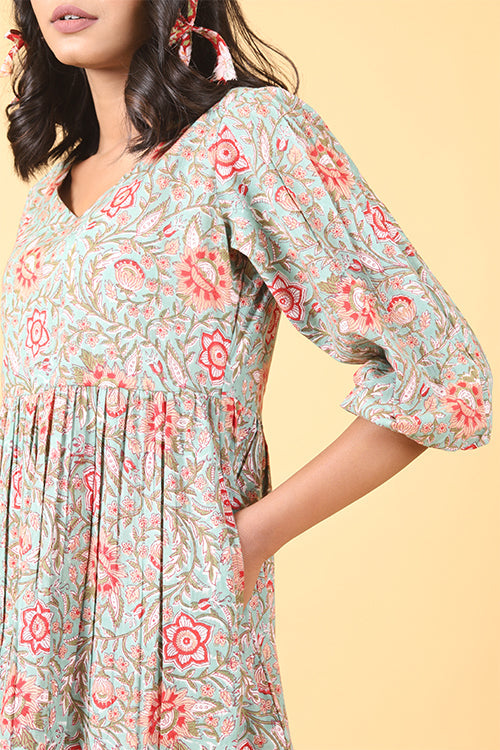 Shuddhi Pistachio with Scarlet Handblock Printed Dress