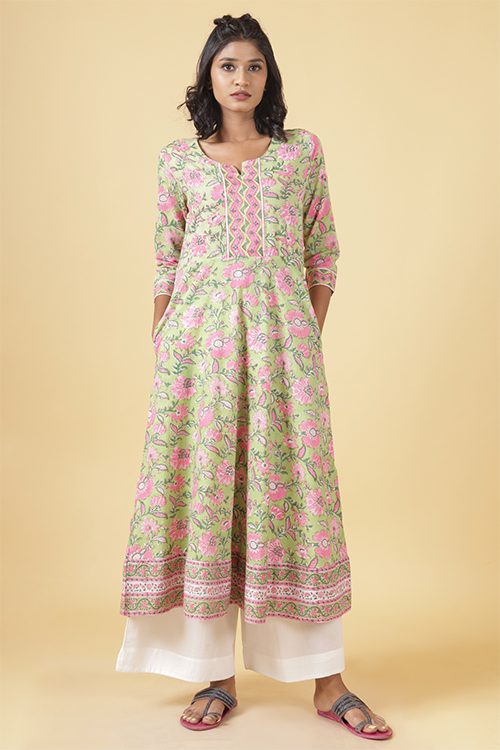 Mint Green With Gladiolus Pink A Line Kurta