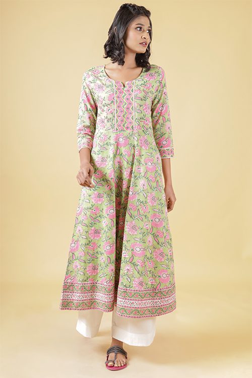 Mint Green With Gladiolus Pink A Line Kurta
