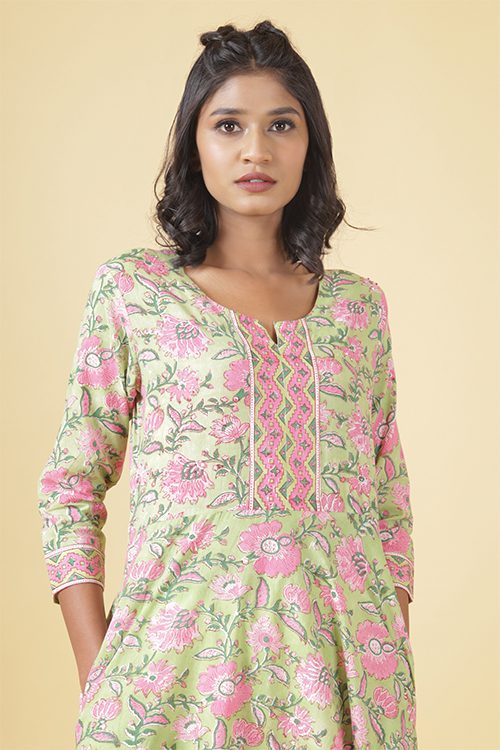 Mint Green With Gladiolus Pink A Line Kurta