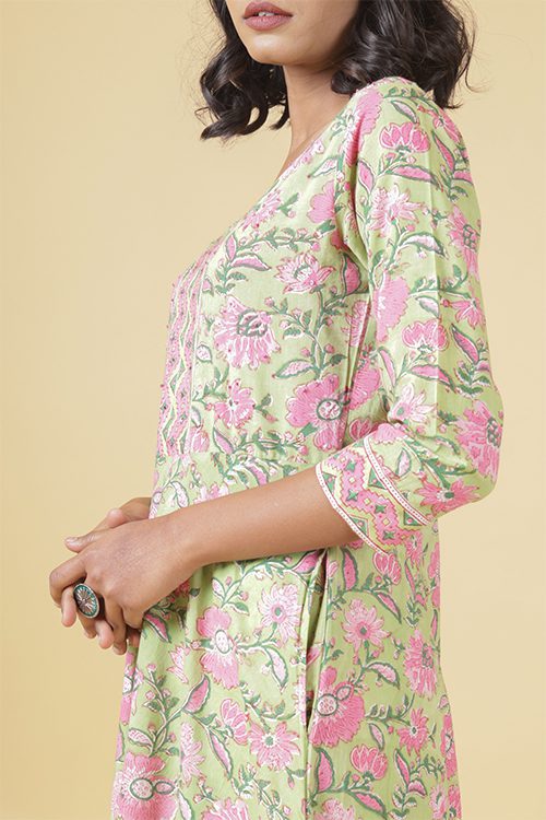 Mint Green With Gladiolus Pink A Line Kurta