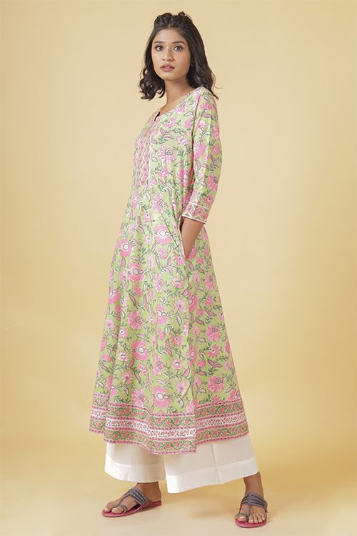 Mint Green With Gladiolus Pink A Line Kurta