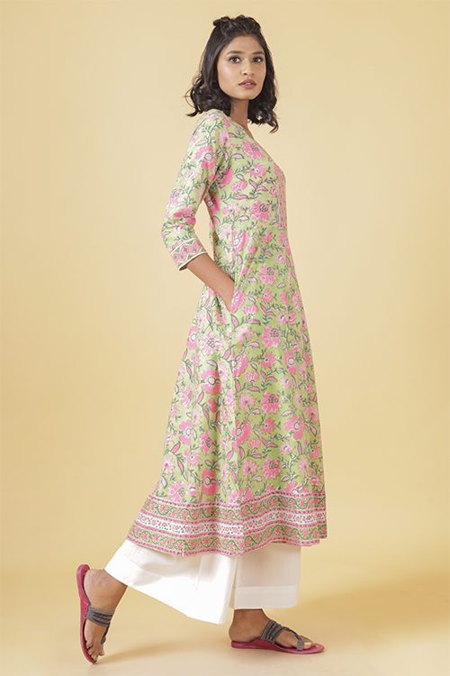 Mint Green With Gladiolus Pink A Line Kurta