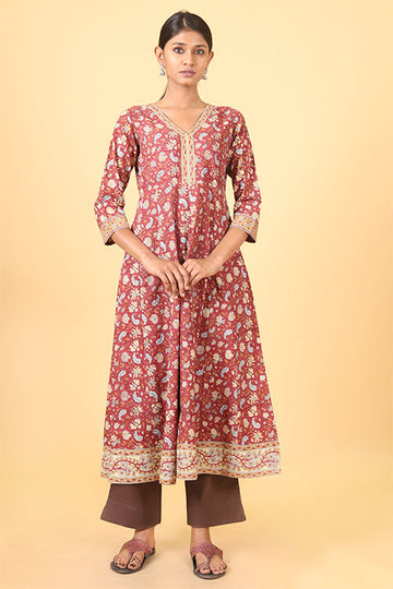 Shuddhi Amber Red with Ice Blue Handblock Printed Anarkali