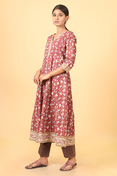 Shuddhi Amber Red with Ice Blue Handblock Printed Anarkali
