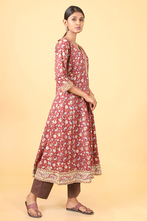 Shuddhi Amber Red with Ice Blue Handblock Printed Anarkali