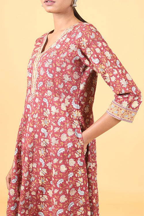 Shuddhi Amber Red with Ice Blue Handblock Printed Anarkali