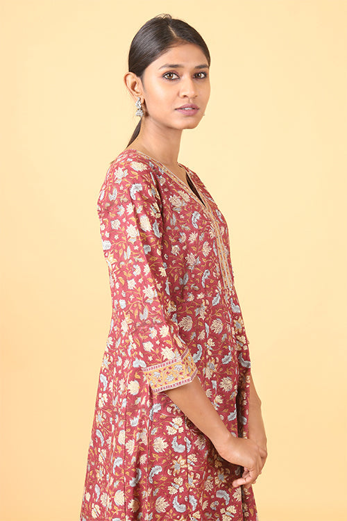 Shuddhi Amber Red with Ice Blue Handblock Printed Anarkali