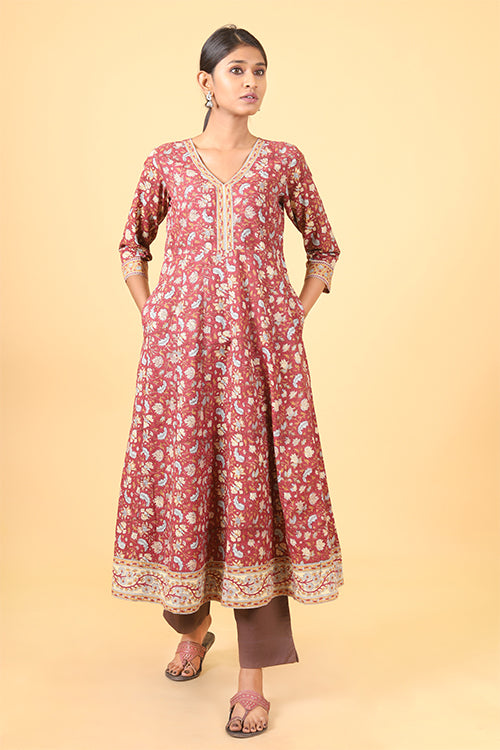 Shuddhi Amber Red with Ice Blue Handblock Printed Anarkali