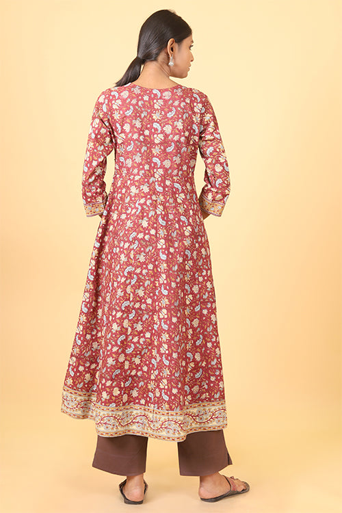 Shuddhi Amber Red with Ice Blue Handblock Printed Anarkali
