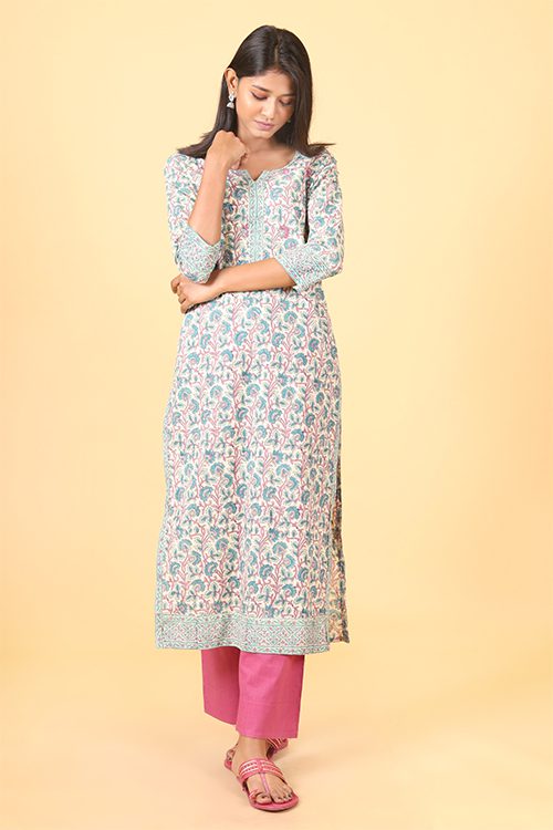 Shuddhi Macron White with Teal Geen Handblock Printed Kurta