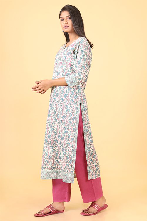 Shuddhi Macron White with Teal Geen Handblock Printed Kurta