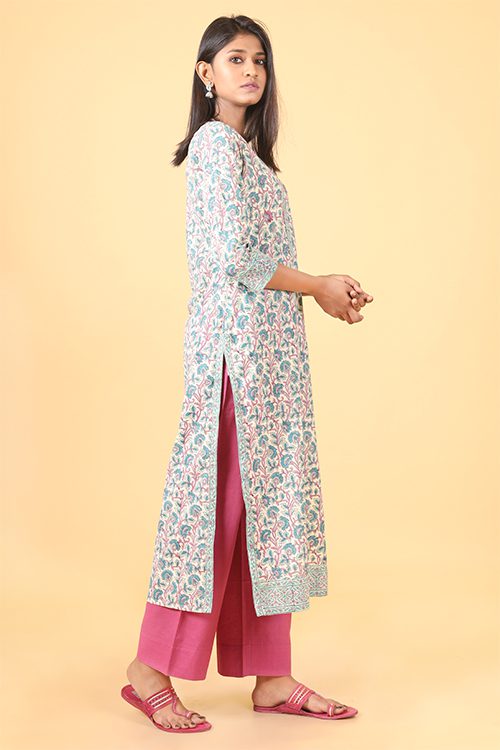 Shuddhi Macron White with Teal Geen Handblock Printed Kurta