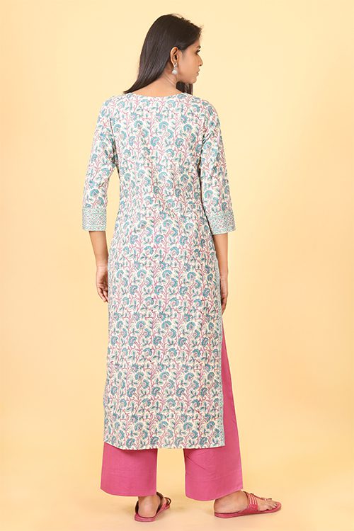 Shuddhi Macron White with Teal Geen Handblock Printed Kurta