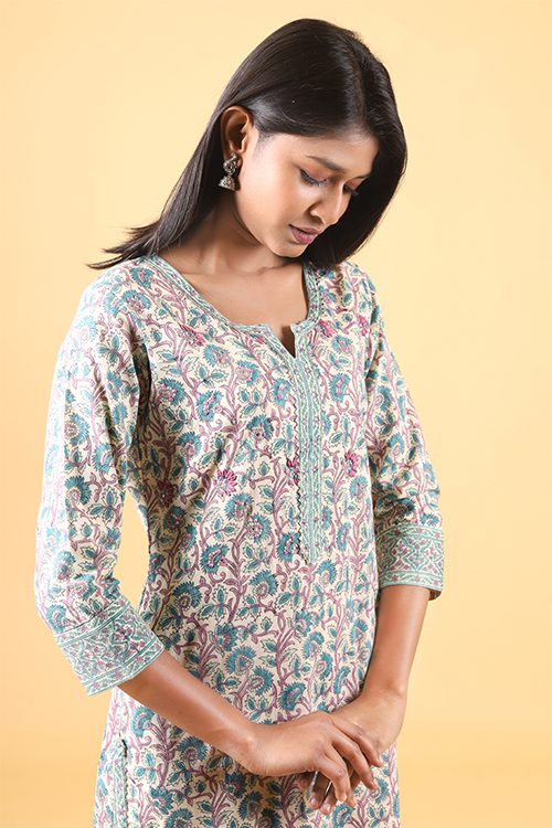 Shuddhi Macron White with Teal Geen Handblock Printed Kurta