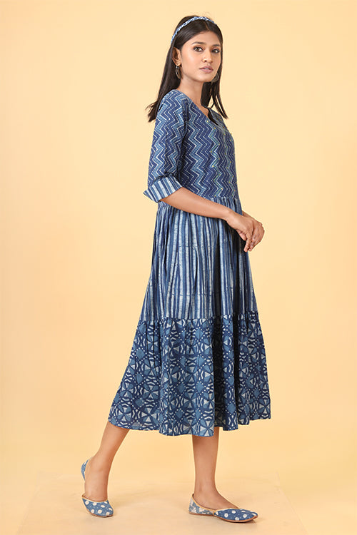 Shuddhi Indigo Striped Handblock Printed Dress