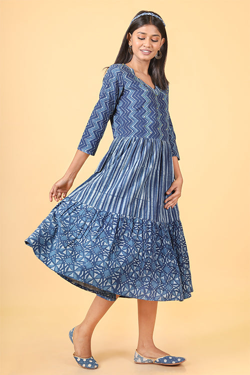 Shuddhi Indigo Striped Handblock Printed Dress