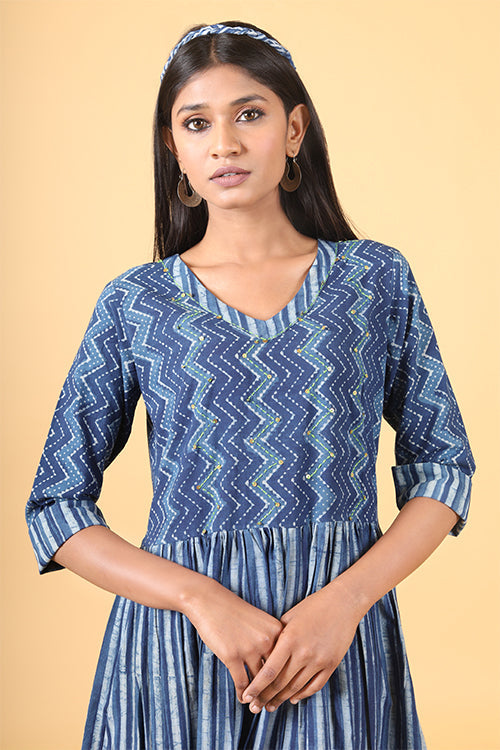 Shuddhi Indigo Striped Handblock Printed Dress