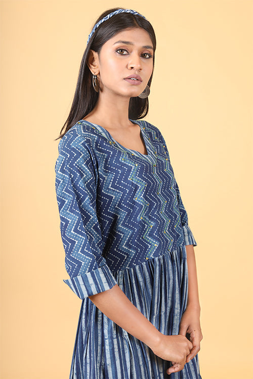 Shuddhi Indigo Striped Handblock Printed Dress