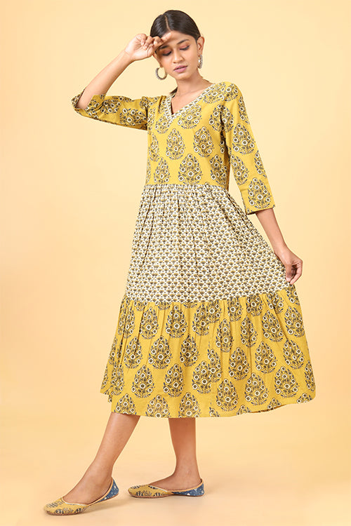 Shuddhi Beige and canarry yellow Handblock Printed long Dress