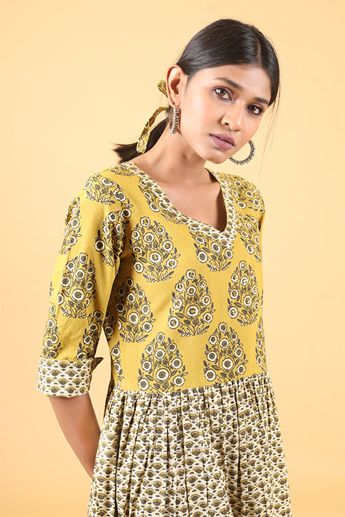 Shuddhi Beige and canarry yellow Handblock Printed long Dress