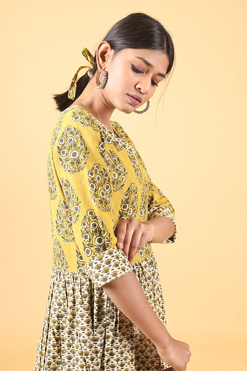 Shuddhi Beige and canarry yellow Handblock Printed long Dress