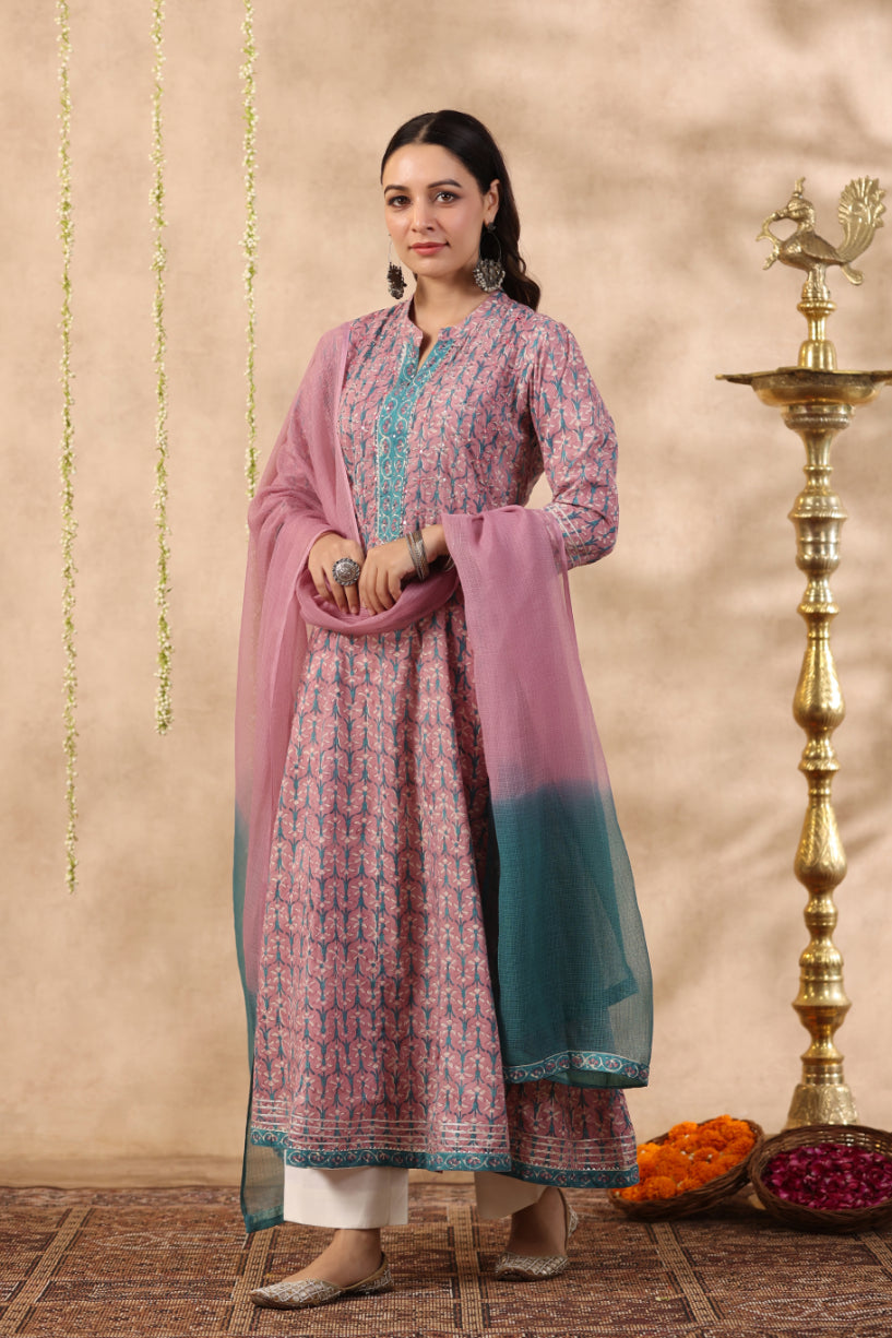 Shuddhi purple and teal green piece kurta and duppatta set
