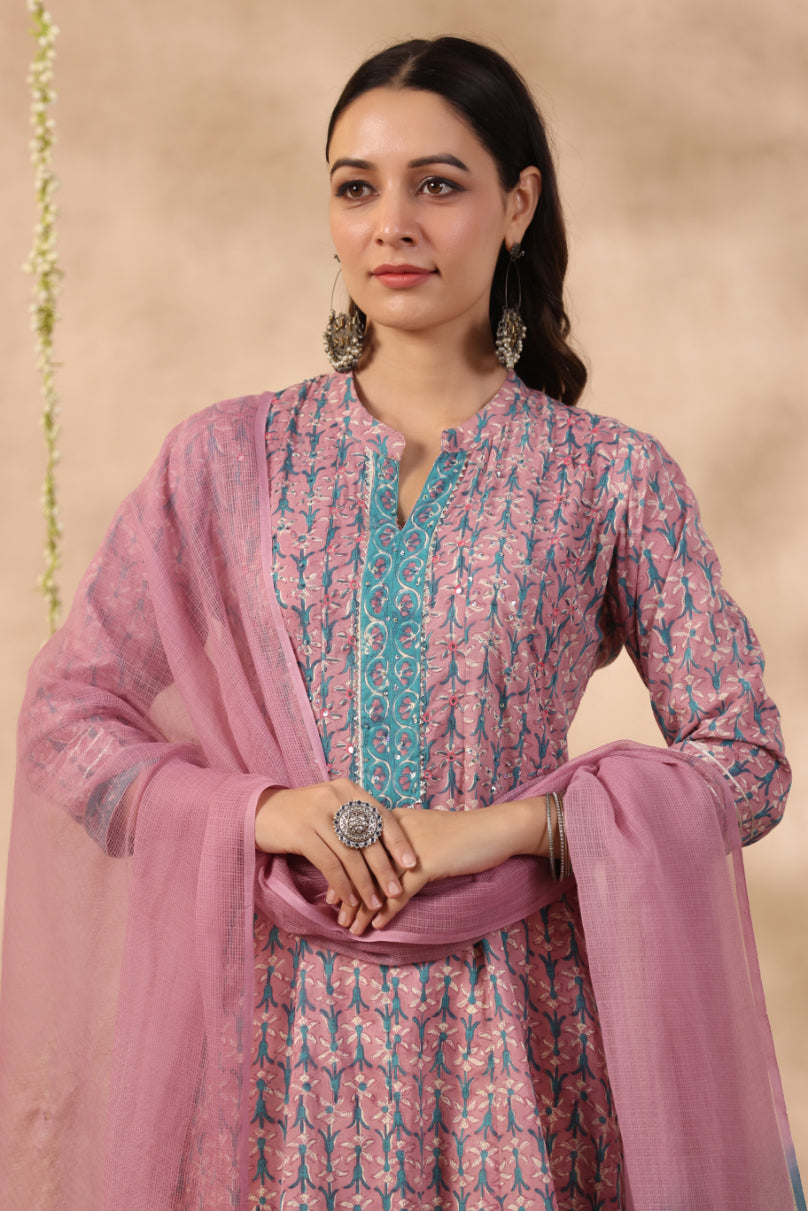 Shuddhi purple and teal green piece kurta and duppatta set