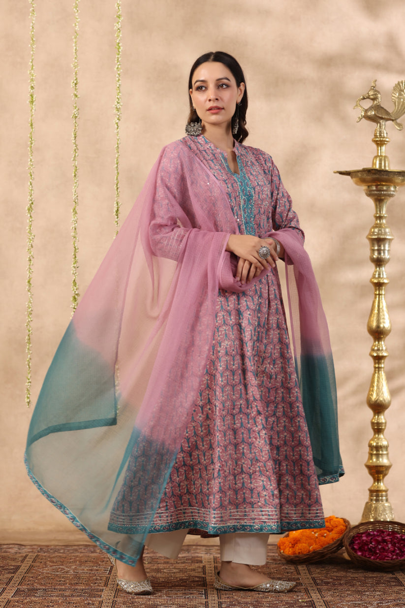 Shuddhi purple and teal green piece kurta and duppatta set