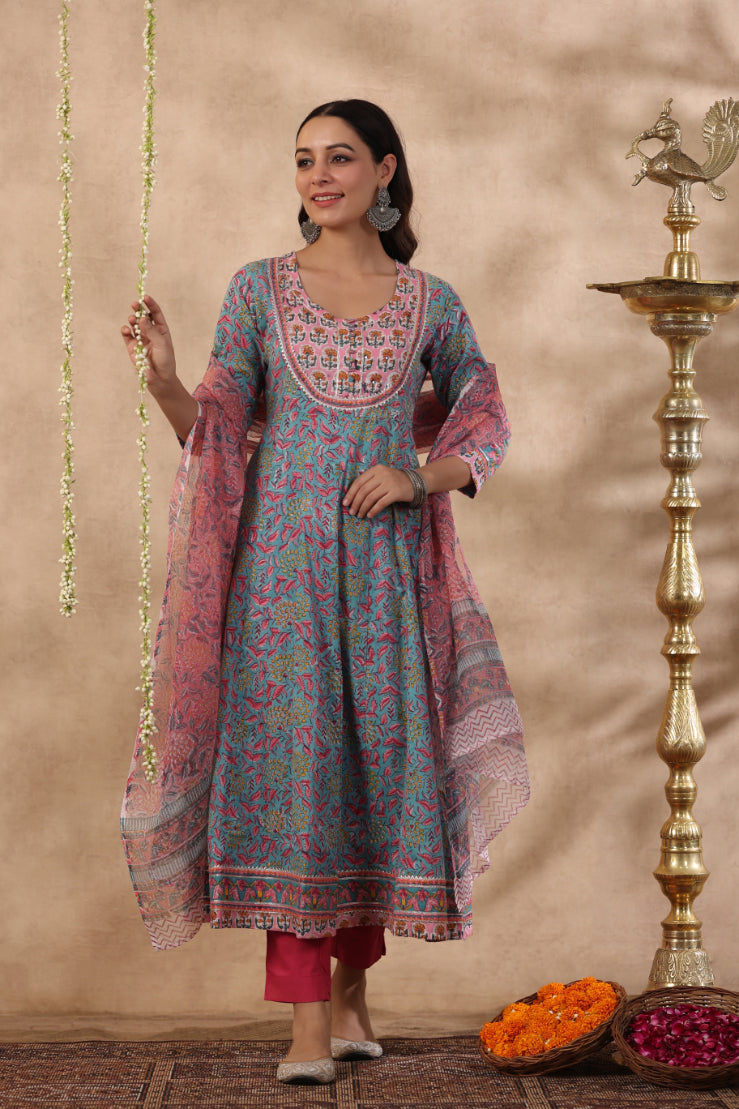 Shuddhi green and baby pink 2 piece kurta and duppatta set